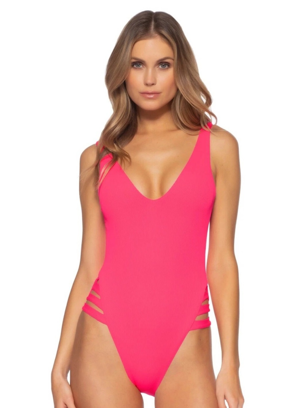 BECCA Sophie Plunge V-Neck One Piece Ribbed Strappy Cut Out Pink Swimsuit Size S